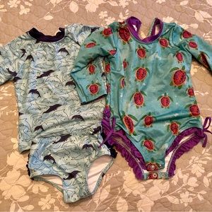 TWO Lil Cactus Rash guard Swimsuits 3T LIKE NEW! Dolphins, turtles, ruffles! 🐬